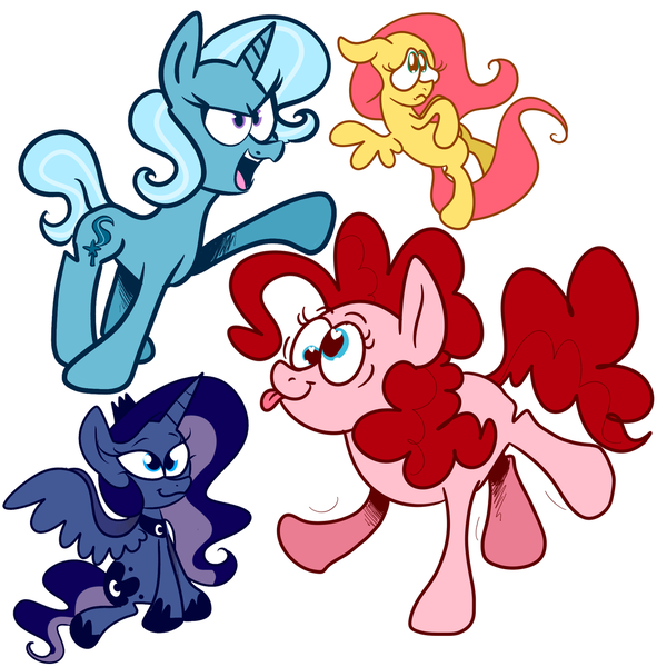 Size: 1024x1024 | Tagged: safe, artist:woollily, derpibooru import, fluttershy, pinkie pie, princess luna, trixie, alicorn, earth pony, pegasus, pony, unicorn, derp, floppy ears, flying, heart eyes, open mouth, pinkie derp, raised hoof, simple background, sitting, smiling, spread wings, tongue out, white background, wingding eyes, wings