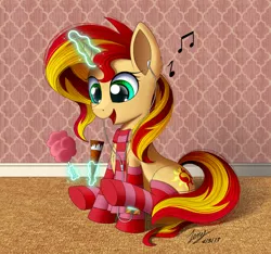 Size: 3000x2813 | Tagged: safe, artist:duskie-06, derpibooru import, sunset shimmer, pony, unicorn, clothes, cotton candy, cute, earbuds, female, food, glowing horn, ice cream, magic, mare, music notes, shimmerbetes, sitting, smiling, socks, solo, stockings, striped socks, thigh highs