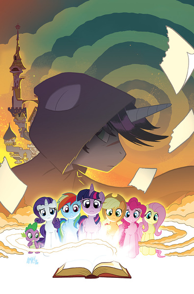 Size: 755x1147 | Tagged: safe, artist:tonyfleecs, derpibooru import, idw, applejack, fluttershy, pinkie pie, rainbow dash, rarity, shadow lock, spike, twilight sparkle, twilight sparkle (alicorn), alicorn, dragon, pony, spoiler:comic, spoiler:comic52, book, canterlot, cloak, clothes, cover, fire, frown, mane six, scar