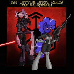 Size: 1000x1000 | Tagged: anthro, artist:dreadcoffins, derpibooru import, gun, imperial agent, lightsaber, oc, oc:asterisk the witch, oc:rubber heart, ponified, safe, sith, star wars, unguligrade anthro, unofficial characters only, weapon