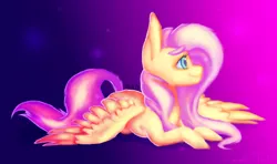 Size: 646x383 | Tagged: safe, artist:blitsazalisdash, artist:sandutita, derpibooru import, fluttershy, pegasus, pony, collaboration, female, looking away, looking up, mare, profile, prone, solo, spread wings, wings