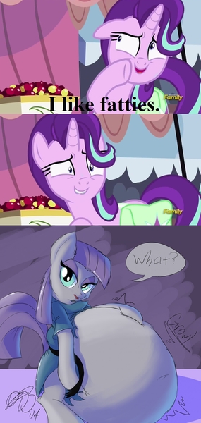Size: 1299x2730 | Tagged: suggestive, artist:093, derpibooru import, edit, edited screencap, screencap, maud pie, starlight glimmer, pony, rock solid friendship, belly, big belly, discovery family logo, exploitable meme, fat, fat fetish, female, fetish, lesbian, looking at you, maud pudge, meme, obese, shipping, starlight's confessions, starmaud, that pony sure does love fatty, wat