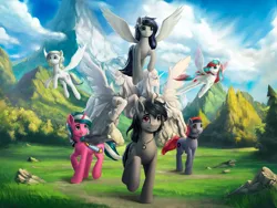 Size: 3746x2822 | Tagged: safe, artist:l1nkoln, derpibooru import, oc, unofficial characters only, alicorn, earth pony, pegasus, pony, unicorn, colored pupils, commission, female, flying, grass, group, heterochromia, looking at you, mare, mountain, scenery, sky, smiling, statue, tree