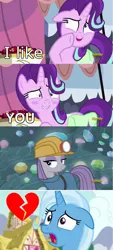 Size: 1253x2780 | Tagged: safe, derpibooru import, edit, edited screencap, screencap, maud pie, starlight glimmer, trixie, pony, unicorn, all bottled up, rock solid friendship, exploitable meme, female, heartbreak, helmet, lesbian, mare, meme, mining helmet, screencap comic, shipping, starlight's confessions, starmaud