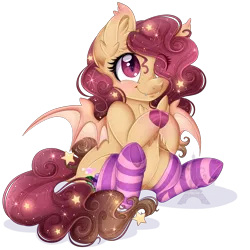 Size: 1600x1600 | Tagged: safe, artist:silent-shadow-wolf, derpibooru import, oc, oc:pinot noir, unofficial characters only, bat pony, pony, clothes, cute, female, hair over one eye, hnnng, mare, ocbetes, simple background, sitting, socks, solo, stockings, striped socks, thigh highs, transparent background