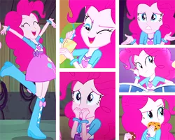 Size: 500x400 | Tagged: safe, derpibooru import, edit, edited screencap, screencap, pinkie pie, equestria girls, rainbow rocks, clothes, collage, cookie, cup, cute, diapinkes, drum kit, drums, eyes closed, female, food, musical instrument, one eye closed, raised leg, solo, straw