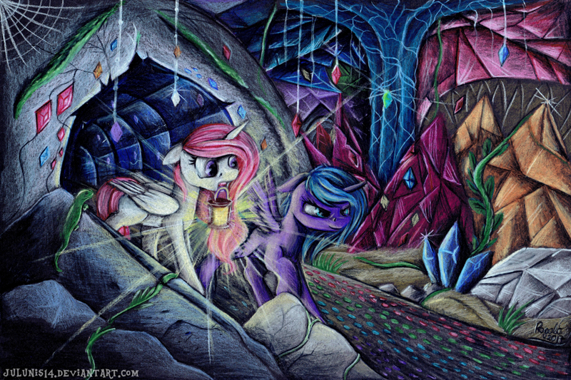 Size: 1280x853 | Tagged: safe, artist:julunis14, derpibooru import, princess celestia, princess luna, alicorn, pony, blank flank, cave, cewestia, crystal, female, filly, floppy ears, lantern, mare, mouth hold, pink-mane celestia, royal sisters, sisters, spider web, traditional art, woona, younger