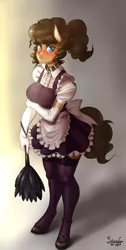 Size: 1754x3492 | Tagged: suggestive, artist:siberwar, derpibooru import, oc, oc:latch, unofficial characters only, anthro, earth pony, unguligrade anthro, blushing, breasts, clothes, collar, dress, duster, evening gloves, female, garter belt, gloves, long gloves, maid, mare, mary janes, shoes, solo, solo female, stockings, story included, thigh highs