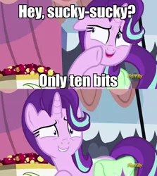Size: 1256x1406 | Tagged: suggestive, derpibooru import, edit, edited screencap, screencap, starlight glimmer, pony, unicorn, rock solid friendship, caption, comic, discovery family logo, exploitable meme, female, image macro, implied blowjob, implied oral, implied sex, mare, meme, prostitute, prostitution, shrunken pupils, solo, south park, starlight's confessions, sweat