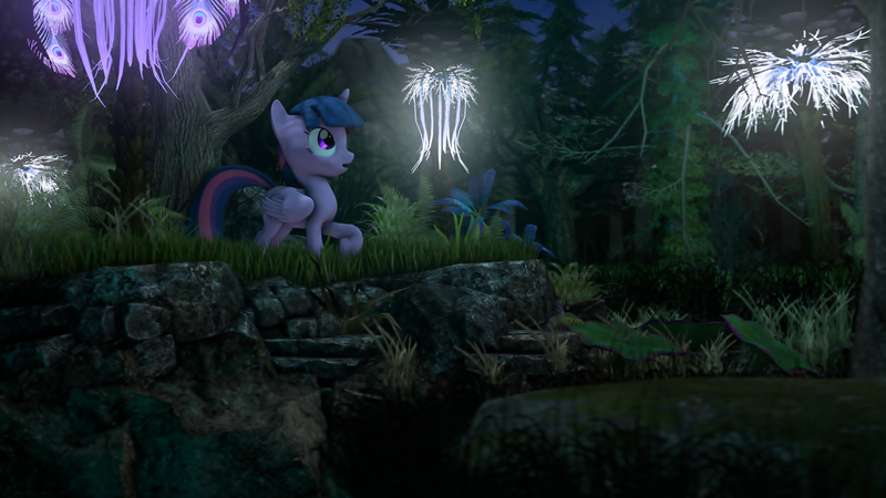 Size: 4000x2250 | Tagged: safe, artist:redaceofspades, derpibooru import, twilight sparkle, twilight sparkle (alicorn), alicorn, pony, 3d, exploring, glow, grass, nature, plants, poster, scenery, solo, source filmmaker, tree