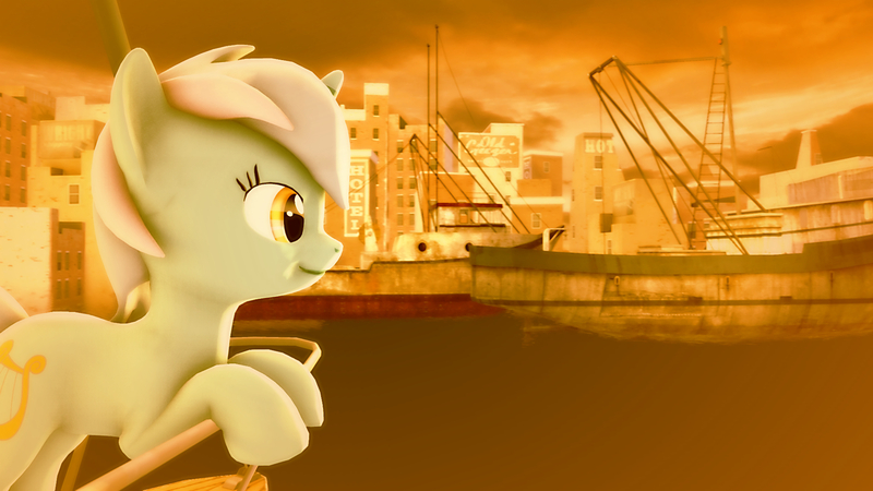 Size: 2048x1152 | Tagged: safe, artist:deadhill, derpibooru import, lyra heartstrings, pony, 3d, boat, building, city, poster, ship, solo, source filmmaker, water