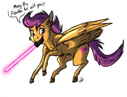 Size: 1300x1000 | Tagged: safe, artist:shimazun, derpibooru import, scootaloo, pegasus, pony, colored pupils, female, filly, lightsaber, looking at you, may the fourth be with you, mouth hold, muffled words, simple background, solo, star wars, the cmc's cutie marks, weapon, white background