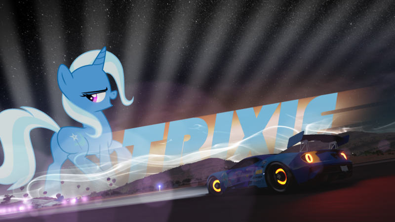 Size: 1920x1080 | Tagged: safe, artist:benny4683, artist:multiversecafe, derpibooru import, trixie, pony, unicorn, bedroom eyes, car, crossover, female, ford, ford gt, forza horizon, mare, plot, ponies in video games, solo, vector, wallpaper