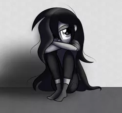 Size: 780x720 | Tagged: safe, artist:wubcakeva, derpibooru import, oc, oc:cupcake slash, unofficial characters only, equestria girls, black and white, clothes, crying, depressed, grayscale, hair over one eye, monochrome, pants, sad, simple background, sitting, socks, solo