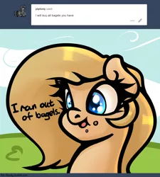 Size: 1280x1420 | Tagged: safe, artist:slavedemorto, derpibooru import, oc, oc:backy, unofficial characters only, pony, ask, bagel, bread, dialogue, eating, food, solo, tumblr