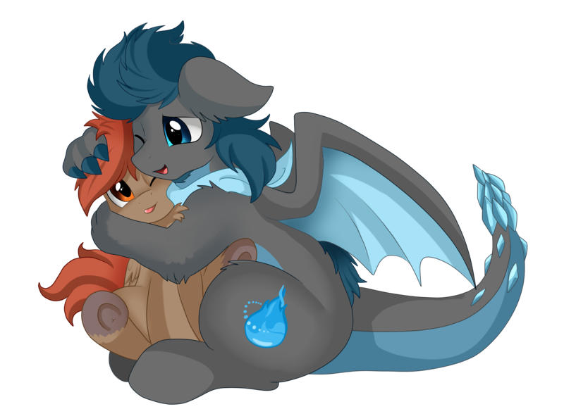 Size: 3509x2550 | Tagged: artist:pridark, chubby, commission, cuddling, derpibooru import, dracony, duo, hybrid, oc, oc:winterlight, safe, simple background, sitting, transparent background, unofficial characters only