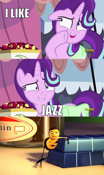 Size: 1005x1689 | Tagged: safe, derpibooru import, edit, edited screencap, screencap, starlight glimmer, pony, unicorn, rock solid friendship, barry benson, bee movie, discovery family logo, dreamworks, exploitable meme, image macro, jazz, meme, shrunken pupils, solo, starlight's confessions, sweat, ya like jazz?