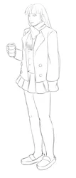 Size: 858x2000 | Tagged: artist:eve-ashgrove, clothes, coffee, derpibooru import, human, humanized, legs, miniskirt, monochrome, pleated skirt, safe, scarf, shoes, simple background, skirt, solo, twilight sparkle, white background