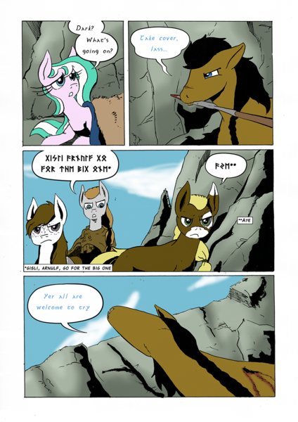 Size: 905x1280 | Tagged: safe, artist:darkhestur, derpibooru import, oc, oc:dark, oc:dustlight, unofficial characters only, pony, ask, braid, cape, clothes, comic, dialogue, elder futhark, fur blanket, futhark, lance, panels, ridge, runes, sky, tumblr, weapon