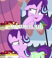 Size: 1256x1406 | Tagged: safe, derpibooru import, edit, edited screencap, screencap, starlight glimmer, pony, unicorn, rock solid friendship, 22 jump street, apple, discovery family logo, exploitable meme, female, floppy ears, food, grin, image macro, lip bite, looking at you, mare, meme, mismatched eyes, my name is jeff, nervous, raised hoof, saddle bag, shrunken pupils, smiling, solo, starlight's confessions, sweat, wide eyes
