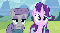 Size: 600x337 | Tagged: safe, derpibooru import, edit, edited screencap, editor:paragonaj, screencap, maud pie, starlight glimmer, trixie, earth pony, pony, unicorn, no second prances, rock solid friendship, animated, bedroom eyes, eyes closed, female, gif, heart, implying, lesbian, looking at each other, looking at you, mare, mauxie, one eye closed, pose, raised hoof, shipping, smiling, starmaud, starmauxie, startrix, walking, wink