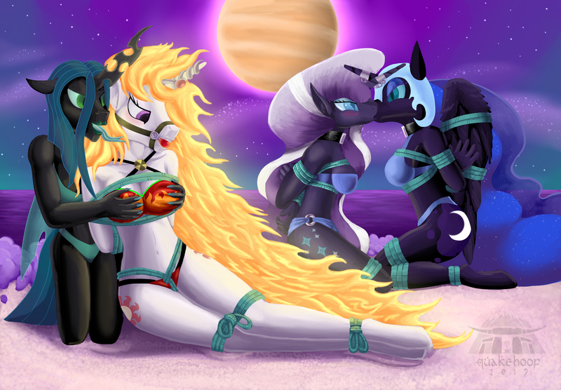 Size: 1714x1192 | Tagged: questionable, artist:quakehoof, derpibooru import, nightmare moon, nightmare rarity, nightmare star, princess celestia, queen chrysalis, anthro, unguligrade anthro, arm behind back, bad touch, ballgag, beach, bikini, blushing, bondage, bound together, bound wings, box tied, breast bondage, breast fondling, breast grab, breasts, bridle, busty nightmare moon, busty nightmare rarity, busty nightmare star, busty princess celestia, busty queen chrysalis, choker, clothes, crotch rope, duality, female, gag, grope, horn ring, kissing, knee tied, lesbian, magic suppression, missing accessory, molestation, rope, rope bondage, swimsuit, tack, tongue out, venus