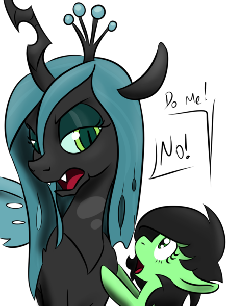 Size: 1176x1578 | Tagged: safe, artist:lockhe4rt, derpibooru import, queen chrysalis, oc, oc:anonfilly, unofficial characters only, changeling, earth pony, pony, female, filly, simple background, talking