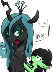 Size: 1176x1578 | Tagged: safe, artist:lockhe4rt, derpibooru import, queen chrysalis, oc, oc:anonfilly, unofficial characters only, changeling, earth pony, pony, female, filly, simple background, talking