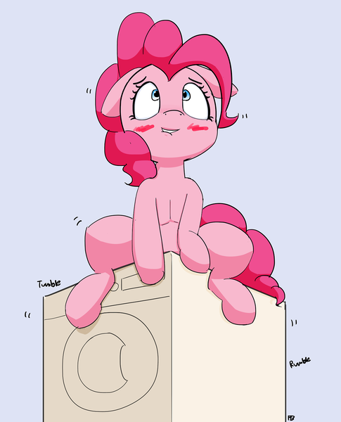 Size: 1280x1582 | Tagged: questionable, artist:pabbley, derpibooru import, pinkie pie, earth pony, pony, blushing, female, floppy ears, improvised sex toy, lip bite, mare, masturbation, simple background, solo, solo female, washing machine