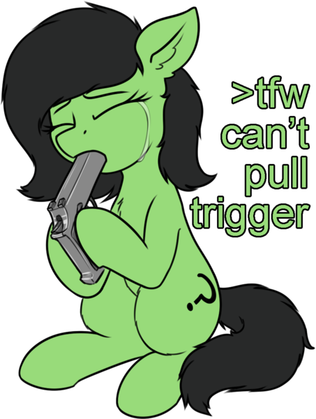 Size: 811x1073 | Tagged: semi-grimdark, artist:smoldix, derpibooru import, oc, oc:anonfilly, unofficial characters only, earth pony, pony, attempted suicide, chest fluff, crying, cutie mark, ear fluff, eyes closed, female, filly, foal, greentext, gun, handgun, hooves, horse problems, leg fluff, pistol, simple background, sitting, solo, suicidal, text, tfw, transparent background, weapon