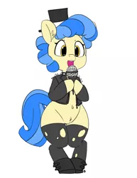 Size: 1280x1661 | Tagged: safe, artist:pabbley, derpibooru import, sapphire shores, pony, belly button, bipedal, boots, clothes, hat, jacket, leather jacket, microphone, pubic fluff, singing, solo, stockings, thigh highs, top hat