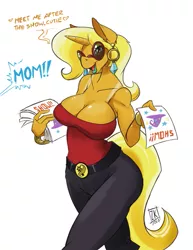 Size: 541x700 | Tagged: suggestive, artist:zwitterkitsune, derpibooru import, idw, sunflower spectacle, anthro, unicorn, spoiler:comic, spoiler:comic40, breasts, busty sunflower spectacle, busty trixie's mom, cleavage, clothes, dialogue, female, implied trixie, lipstick, looking at you, mare, milf, offscreen character, simple background, smiling, solo, solo female, speech bubble, sunglasses