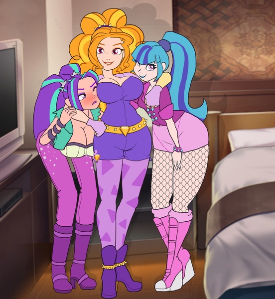 Size: 2575x2799 | Tagged: suggestive, artist:moronsonofboron, derpibooru import, edit, editor:theabridgenator, adagio dazzle, aria blaze, sonata dusk, equestria girls, rainbow rocks, adaria, anti-gravity boobs, arisona, blushing, breasts, busty adagio dazzle, busty aria blaze, cleavage, clothes, female, females only, fishnets, hotel room, hug, human coloration, imminent sex, implied shipping, lesbian, looking at you, photoshop, pigtails, polyamory, polydazzlings, ponytail, shipping, smiling, sonagio, sonata donk, spiked wristband, the dazzlings, trio, tsundaria, twintails, wristband