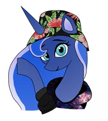 Size: 1554x1746 | Tagged: safe, artist:iyoungsavage, derpibooru import, princess luna, alicorn, pony, clothes, female, hat, jacket, looking at you, mare, raised hoof, smiling, solo