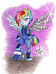 Size: 1595x2095 | Tagged: safe, artist:janadashie, derpibooru import, rainbow dash, pony, alternate timeline, apocalypse dash, crystal war timeline, solo, traditional art