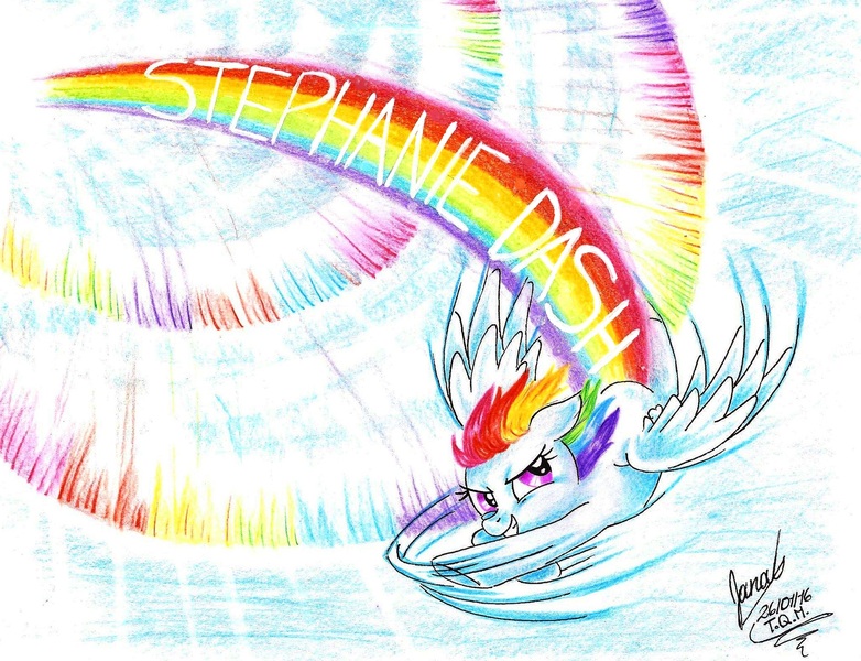 Size: 2066x1586 | Tagged: safe, artist:janadashie, derpibooru import, rainbow dash, pony, rainbow trail, solo, sonic rainboom, traditional art