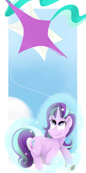 Size: 5000x10000 | Tagged: safe, artist:poecillia-gracilis19, derpibooru import, starlight glimmer, pony, unicorn, rock solid friendship, absurd resolution, cloud, female, floating, kite, looking up, magic, mare, sky, solo, that pony sure does love kites