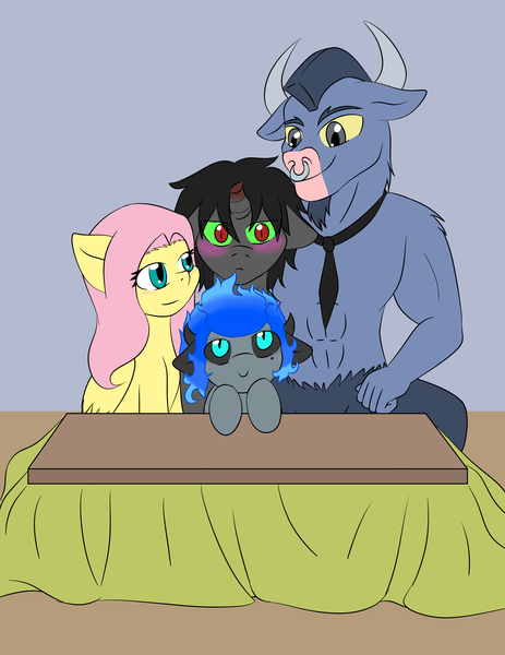 Size: 2359x3059 | Tagged: safe, artist:jolliapplegirl, derpibooru import, fluttershy, iron will, king sombra, oc, oc:acheron, hybrid, minotaur, pegasus, pony, unicorn, adopted offspring, black sclera, blushing, family, female, fluttershy gets all the stallions, foal, gay, interspecies offspring, ironshy, kotatsu, male, mare, missing horn, next generation, offspring, parent:lord tirek, parents:canon x oc, shipping, sombrashy, sombrawill, sombwillshy, stallion, straight