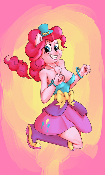 Size: 900x1500 | Tagged: suggestive, artist:passigcamel, derpibooru import, pinkie pie, anthro, earth pony, boots, bracelet, breasts, chest fluff, cleavage, clothes, cute, equestria girls outfit, fall formal outfits, female, grin, hat, high heel boots, jewelry, looking at you, mare, ponied up, pony ears, ponytail, skirt, smiling, solo, top hat