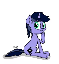 Size: 1001x1079 | Tagged: safe, artist:kimjoman, derpibooru import, oc, oc:purple flix, unofficial characters only, pony, aggie.io, looking at you, male, sitting, solo