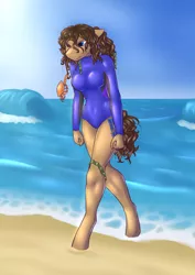 Size: 2838x4000 | Tagged: safe, artist:daf, derpibooru import, oc, oc:latch, unofficial characters only, anthro, crab, earth pony, unguligrade anthro, angry, beach, clothes, curly hair, female, leotard, mare, ocean, one-piece swimsuit, seaweed, solo, swimsuit, wet mane, wetsuit