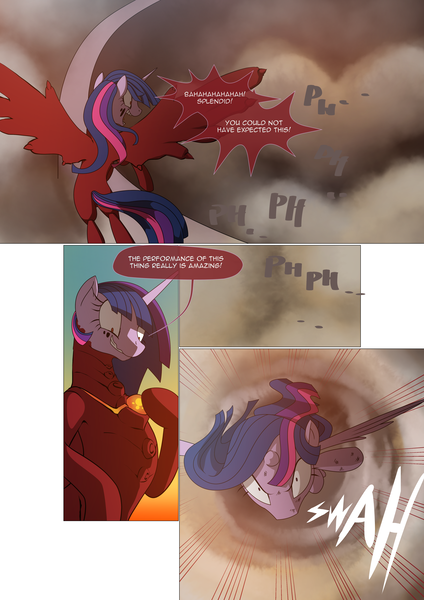 Size: 3541x5016 | Tagged: safe, artist:gashiboka, derpibooru import, twilight sparkle, twilight sparkle (alicorn), oc, oc:brotonia, alicorn, pony, comic:recall the time of no return, absurd resolution, comic, fake twilight, fight, flying, high res, zygon