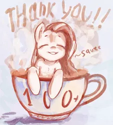 Size: 618x687 | Tagged: safe, artist:mirroredsea, derpibooru import, fluttershy, pony, cappuccino, cup, cup of pony, enjoying, eyes closed, followers, micro, milestone, smiling, solo, squee, thank you