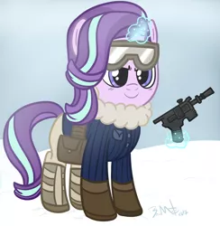Size: 986x1009 | Tagged: safe, artist:brusuky, derpibooru import, starlight glimmer, pony, unicorn, blaster, clothes, crossover, energy weapon, female, glowing horn, gun, han solo, handgun, hooves, horn, hoth, levitation, magic, mare, solo, star wars, telekinesis, weapon