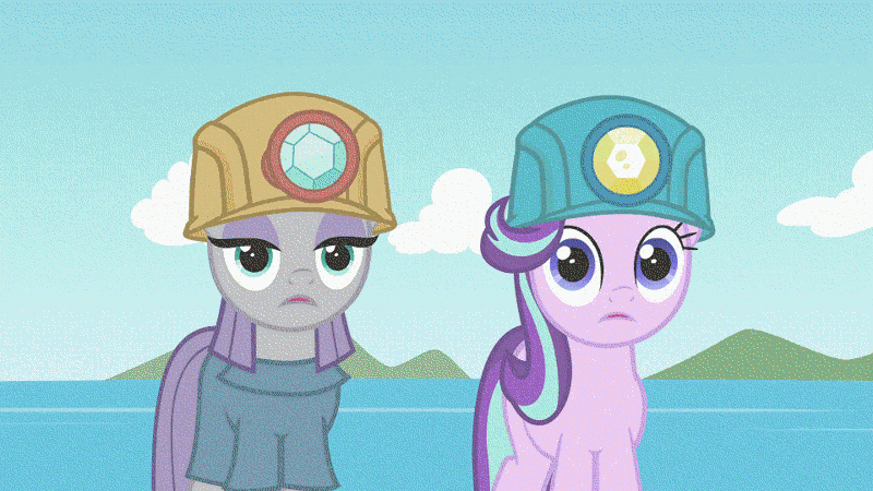 Size: 960x540 | Tagged: safe, color edit, derpibooru import, edit, edited screencap, screencap, maud pie, starlight glimmer, earth pony, pony, unicorn, rock solid friendship, animated, backdrop, cloud, color cycling, colored, cropped, dilated pupils, gif, hard hat, hat, helmet, hue, island, loop, mining helmet, ocean, psychedelic, seizure warning, shrunken pupils, sky, trippy, water
