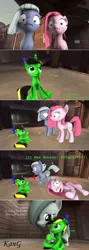 Size: 1920x5420 | Tagged: safe, artist:kmg0047, derpibooru import, limestone pie, marble pie, pinkie pie, oc, oc:jazz notes, pony, unicorn, 3d, absurd resolution, comic, female, filly, heart attack, mare, pinkamena diane pie, sitting, squee