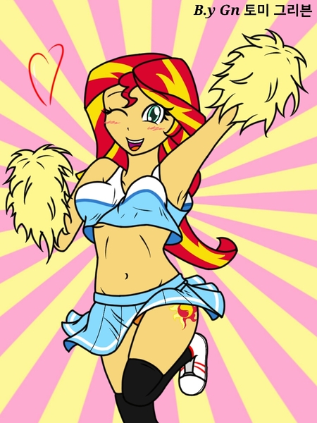 Size: 768x1024 | Tagged: suggestive, artist:ajrrhvk12, derpibooru import, sunset shimmer, equestria girls, adorasexy, armpits, belly button, blushing, breasts, cheerleader, clothes, cute, female, looking at you, midriff, moe, one eye closed, orange underwear, panties, pom pom, raised leg, sexy, shoes, skirt, skirt lift, smiling, socks, solo, solo female, sports bra, thigh highs, underwear, upskirt, wink