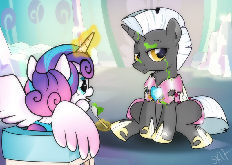 Size: 1288x916 | Tagged: safe, artist:dsana, derpibooru import, princess flurry heart, oc, oc:scope, pony, unicorn, a flurry of emotions, commission, crystal guard, magic, male, mashed peas, spoon, stallion