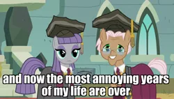 Size: 1920x1090 | Tagged: safe, derpibooru import, edit, edited screencap, screencap, maud pie, rusty tenure, pony, rock solid friendship, diploma, graduation, graduation cap, hat, image macro, meme