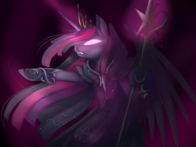 Size: 1024x768 | Tagged: safe, artist:nutty-stardragon, derpibooru import, twilight sparkle, twilight sparkle (alicorn), alicorn, pony, semi-anthro, armor, clothes, corrupted, evil, female, glowing eyes, mare, solo